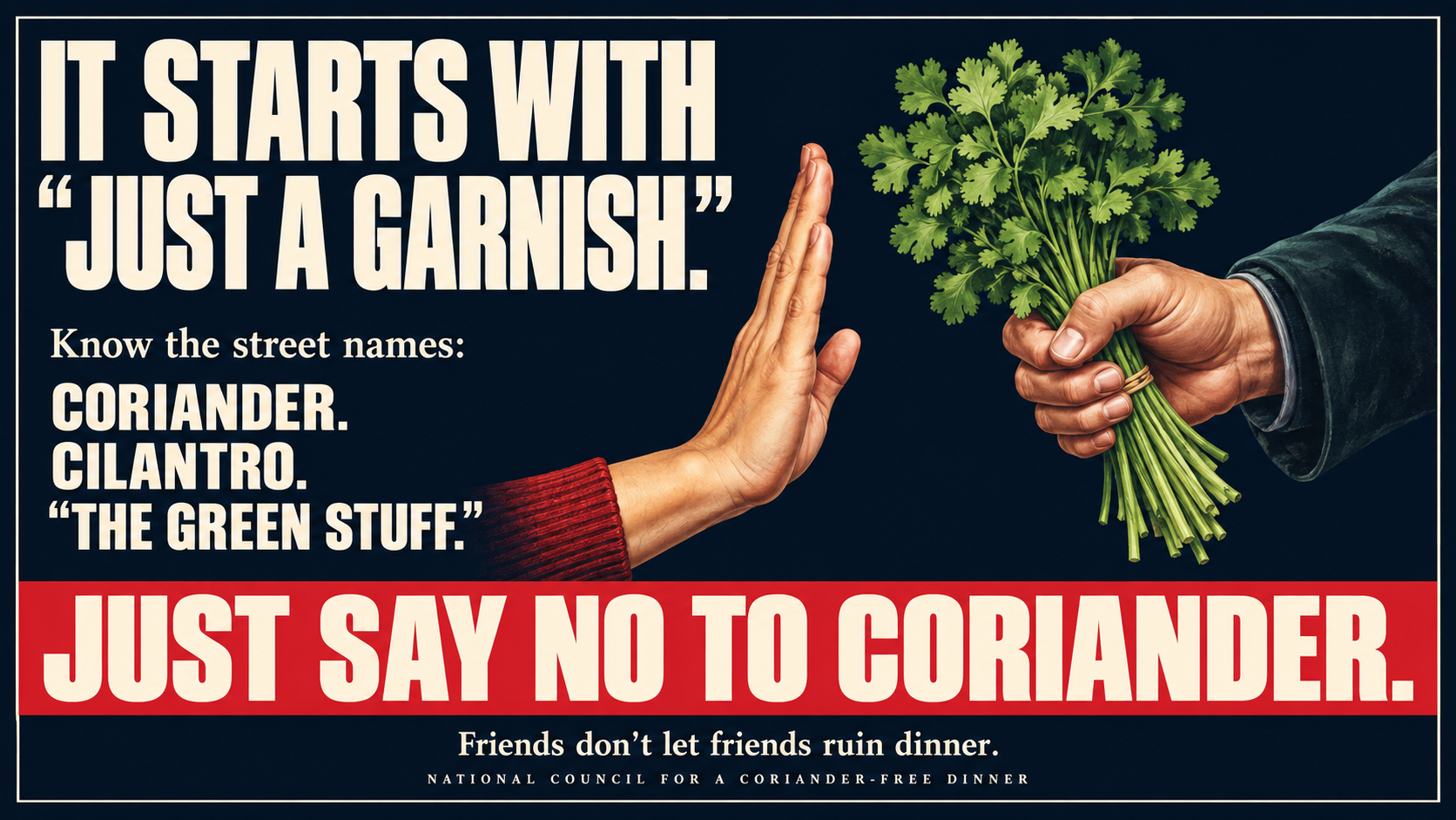 A hand refuses a bunch of coriander. It starts with ‘just a garnish.’ Know the street names: coriander, cilantro, ‘the green stuff.’ Just say no to coriander. Friends don’t let friends ruin dinner. National Council for a Coriander-Free Dinner.